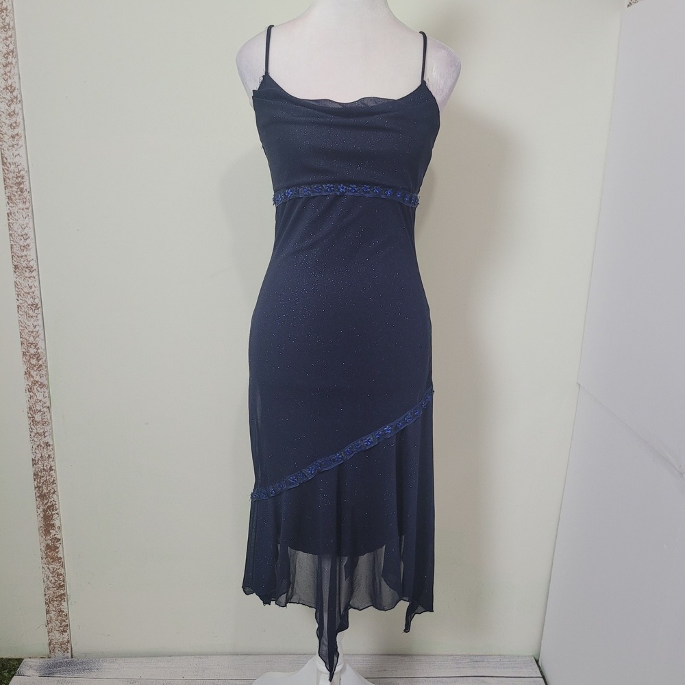 Taboo Small Navy Blue Glitter Asymmetrical Mesh‎ Midi Dress Womens Y2K Beaded